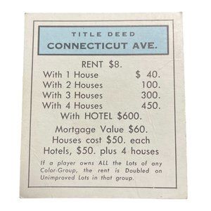 Monopoly Classic Connecticut Ave Property Title Deed Card u